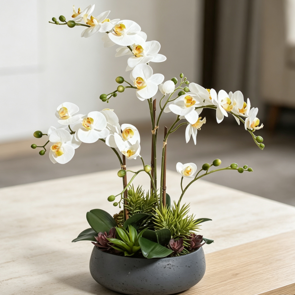 24 Inch Faux Orchid Plant with Succulents Grey