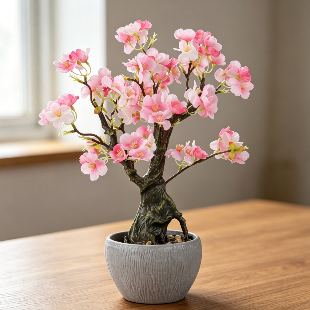 15 7 Inch Pink Artificial Cherry Blossom Potted Bonsai