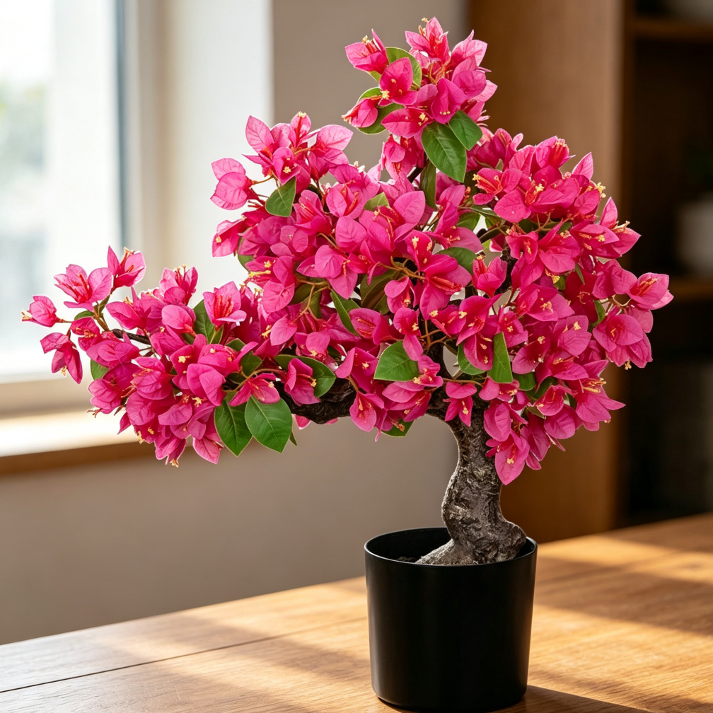 20 8 Inch Hot Pink Artificial Bougainvillea Bonsai with Black Pot